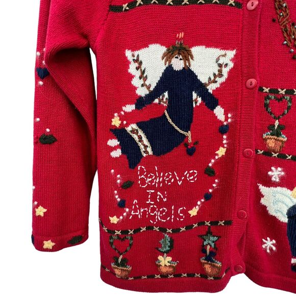 Quacker‎ Factory Red Holiday Christmas Folk Art Angels Cardigan Country Med - Picture 5 of 8